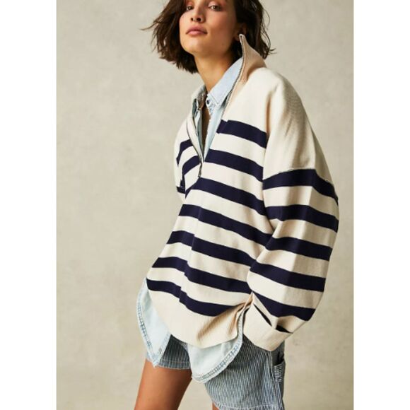 Free People Costal Stripe Pullover Champagne Navy Combo Large - Picture 6 of 9